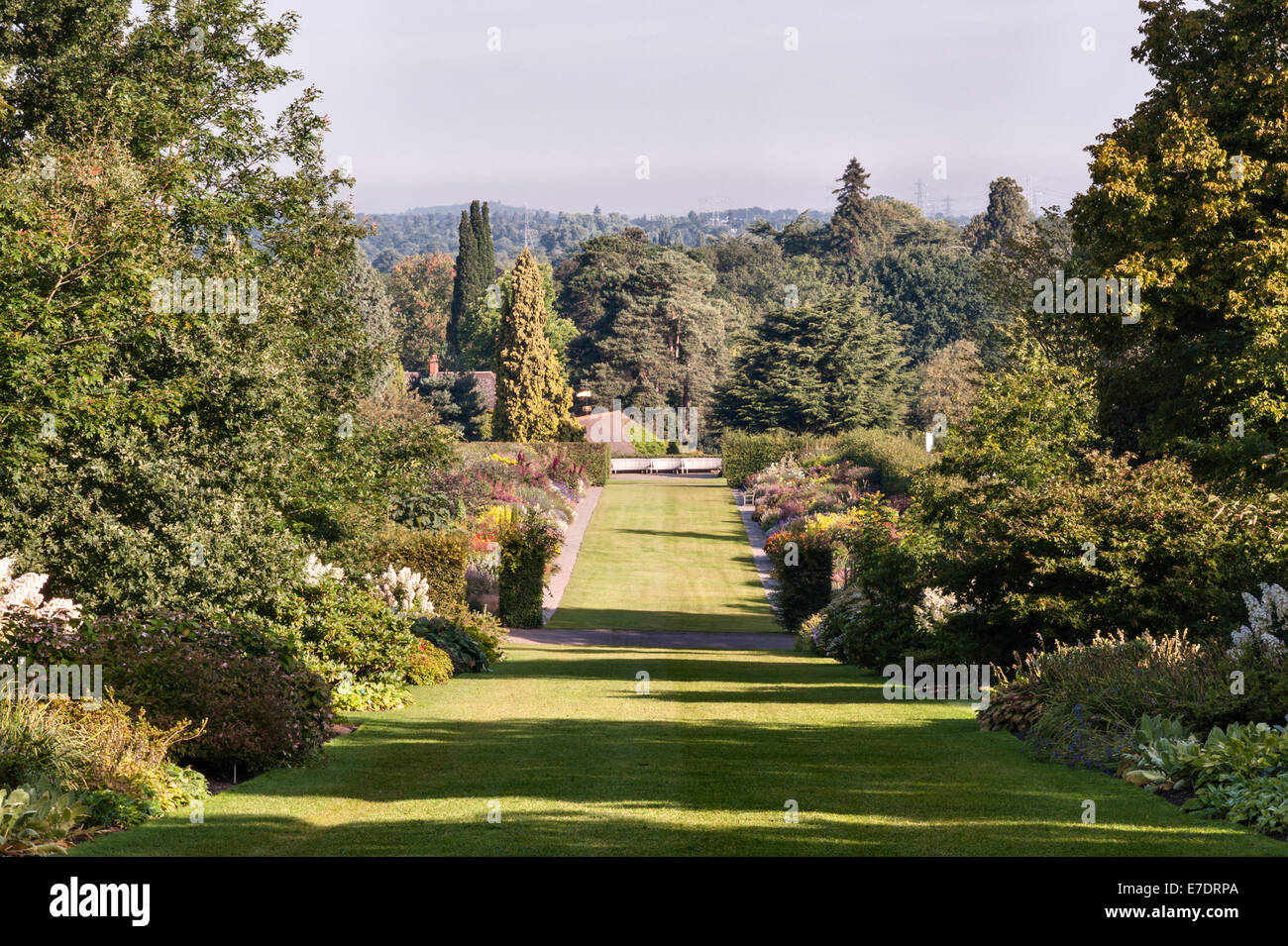 Der Royal Horticultural Society (RHS) Gärten, Wisley, Surrey, UK. Die gemischten Grenzen im September Stockfoto