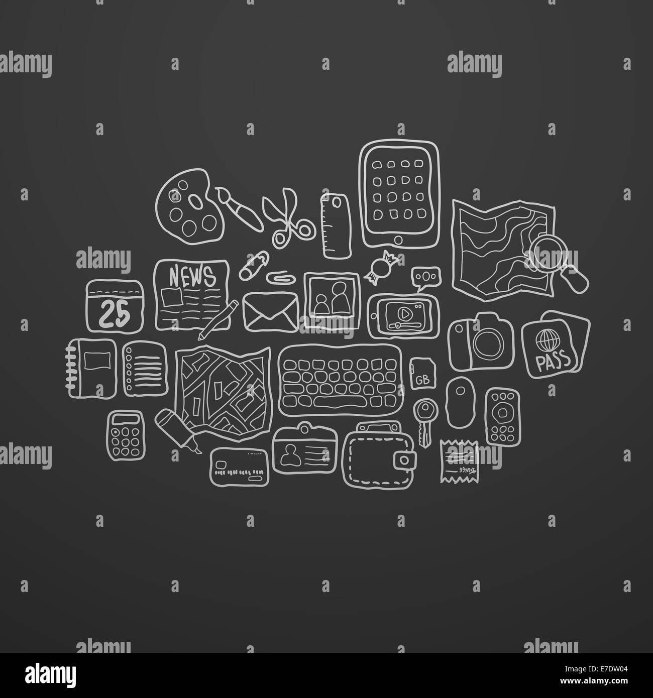 Schwarz / weiß Doodle Skizze Icons set Stockfoto