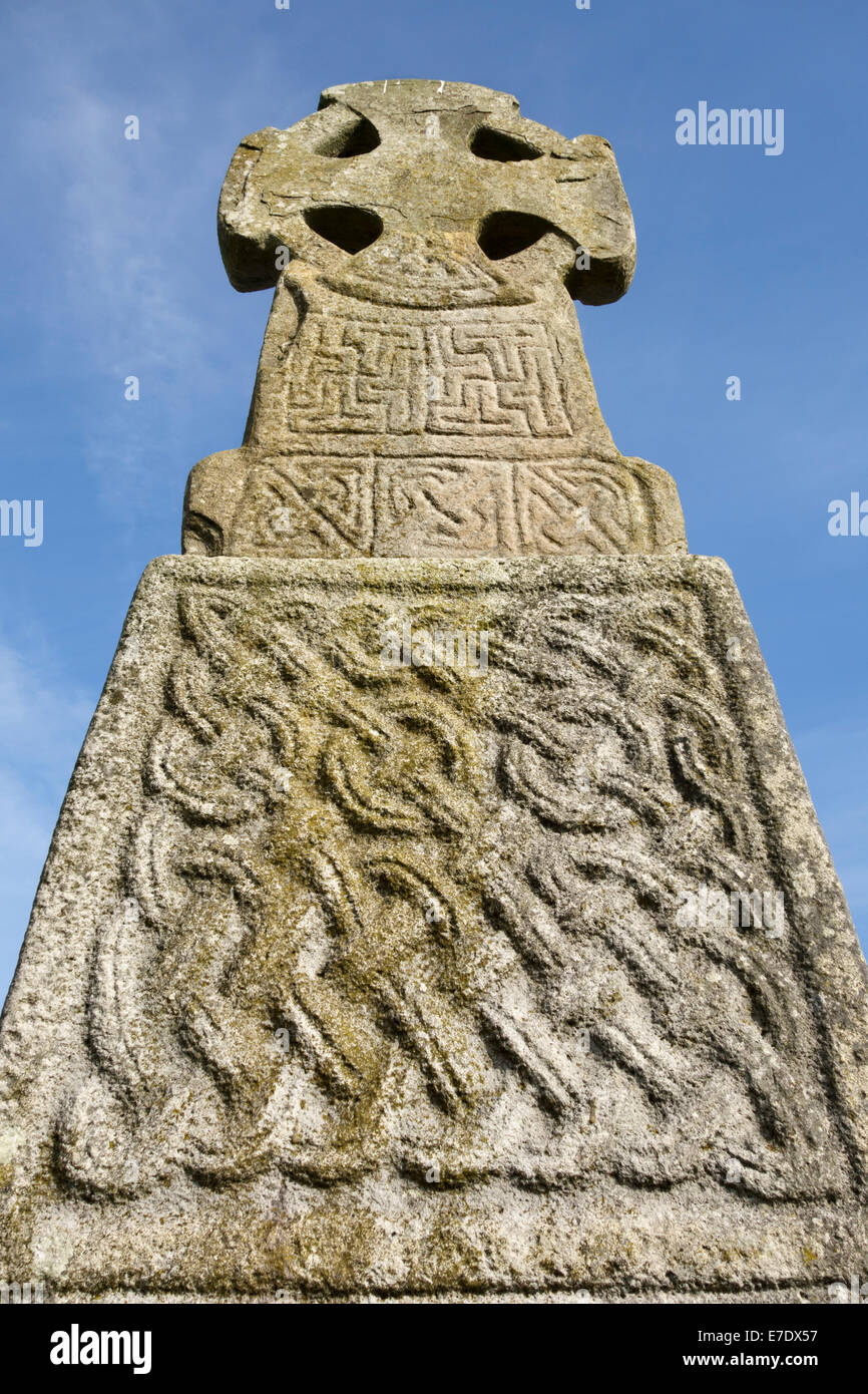 Die 11c Carew kreuzen sich am Carew Castle, Pembrokeshire. Eine hervorragende Keltenkreuz 4m hoch in Erinnerung an König Maredudd ap Edwin, starb 1035 Stockfoto