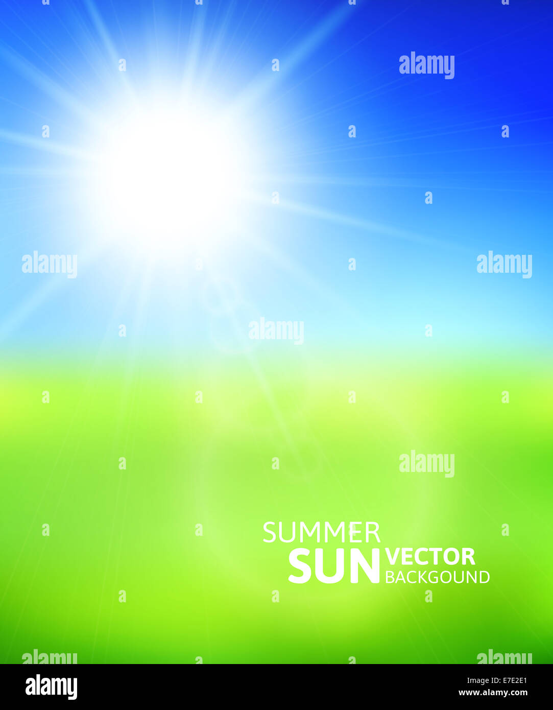 Verschwommene grüne Wiese und blauer Himmel mit Sommersonne Stockfoto