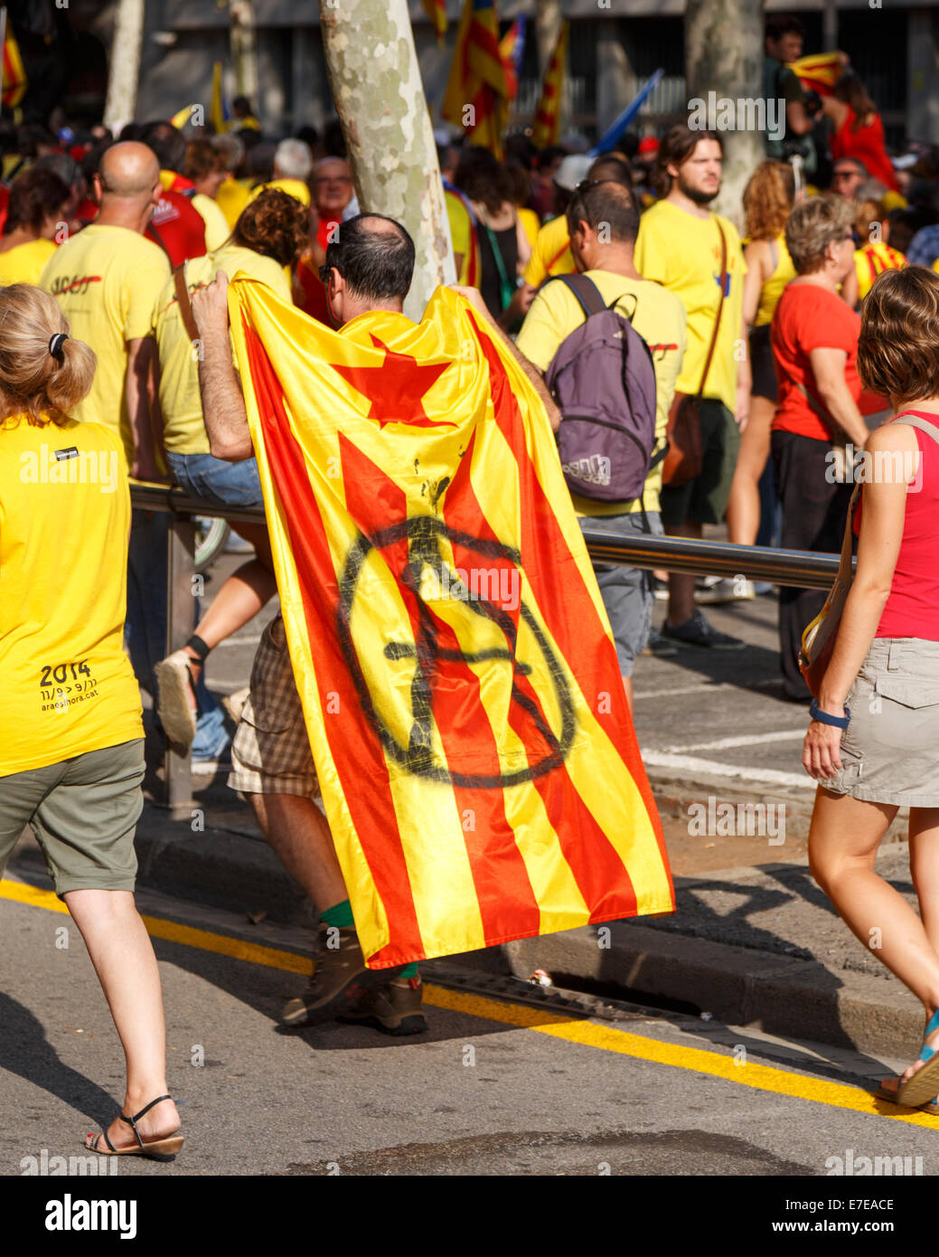 Barcelona, Spanien - 11. September 2014: Menschen fordern Unabhängigkeit Kataloniens auf der 300. katalanischen Nationalfeiertag in den Straßen von Stockfoto