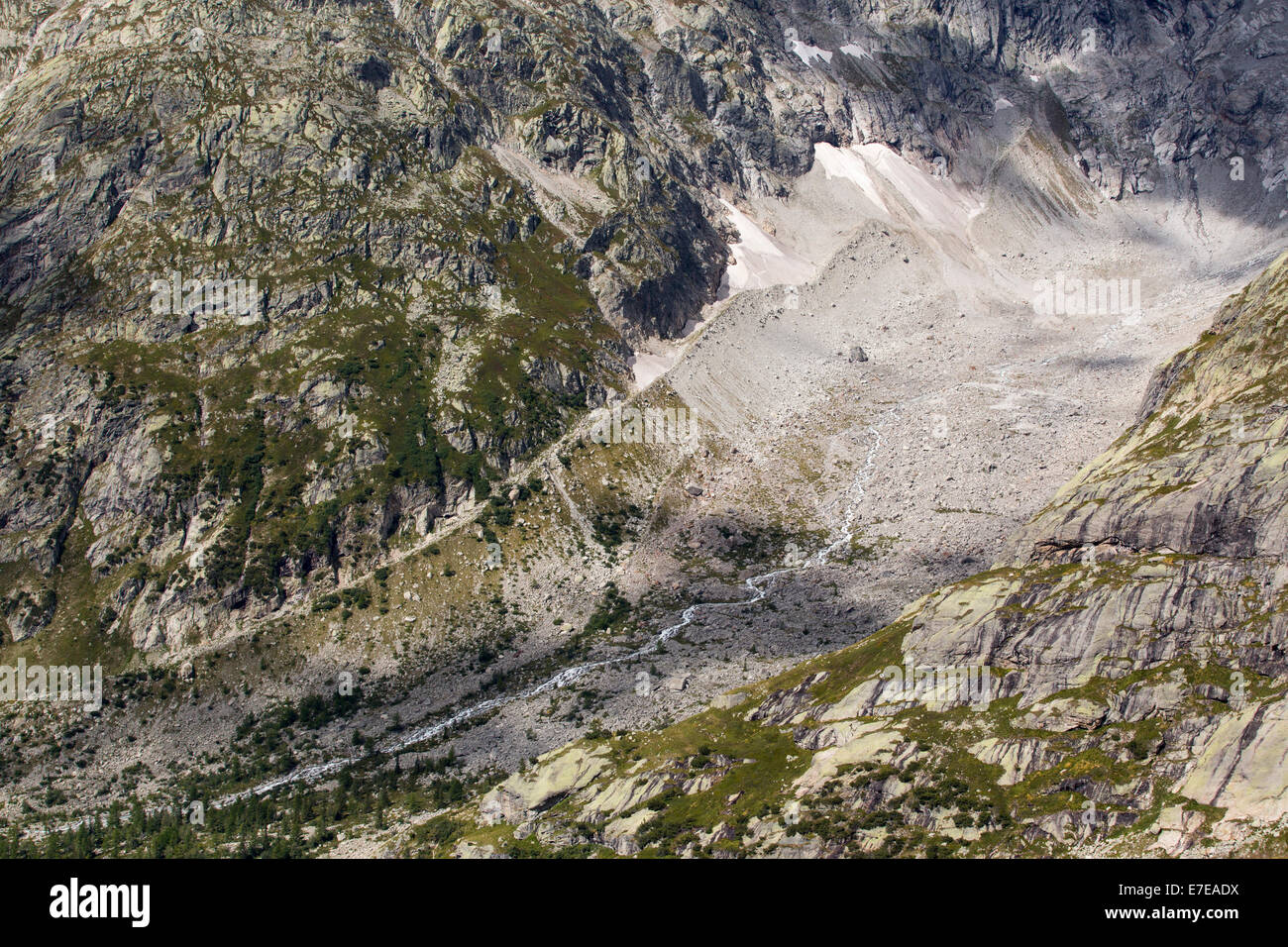 Die schnell zurückweichenden Gletscher de Pre de Bar im Mont-Blanc-Massiv, Italien. Stockfoto