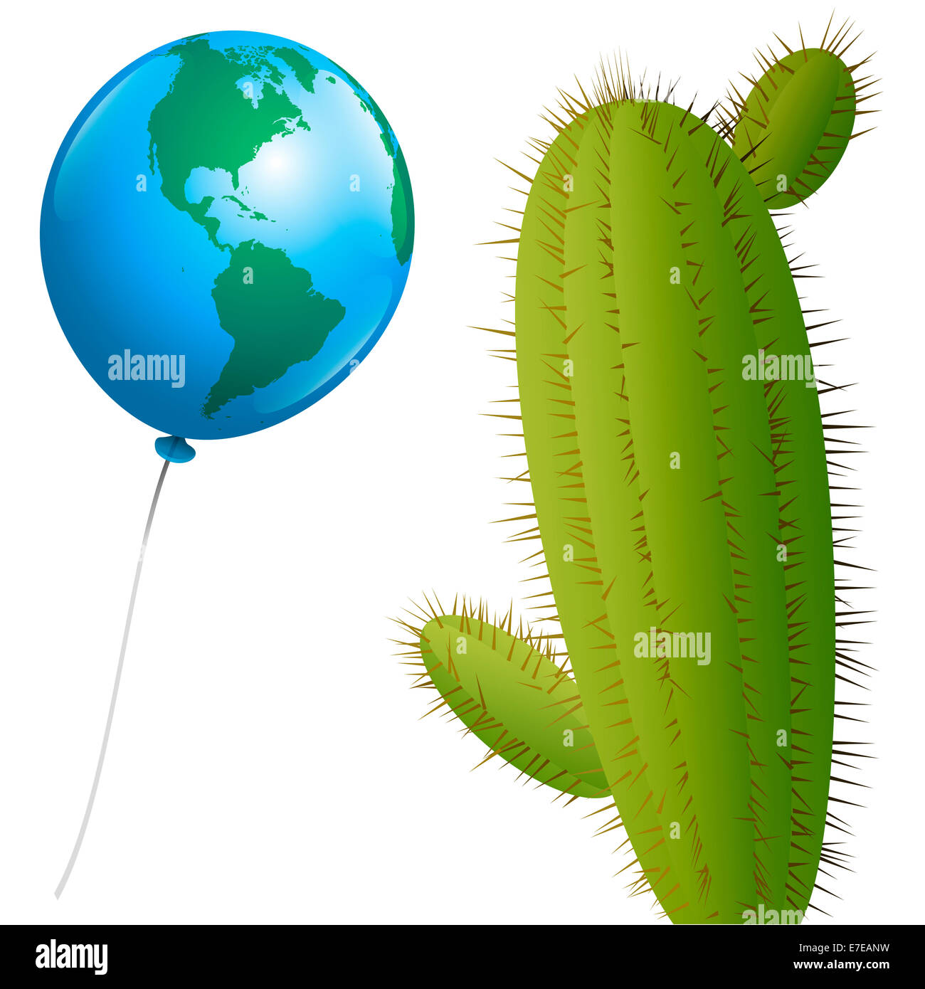 Ein Ballon, der aussieht wie Planetenerde (amerikanischer Sicht) nähert sich einen Kaktus mit vielen Stacheln. Stockfoto