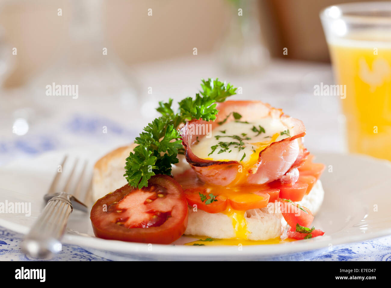 Frühstück mit Eiern gebacken in Schinken mit Tomaten und Kräutern serviert Stockfoto