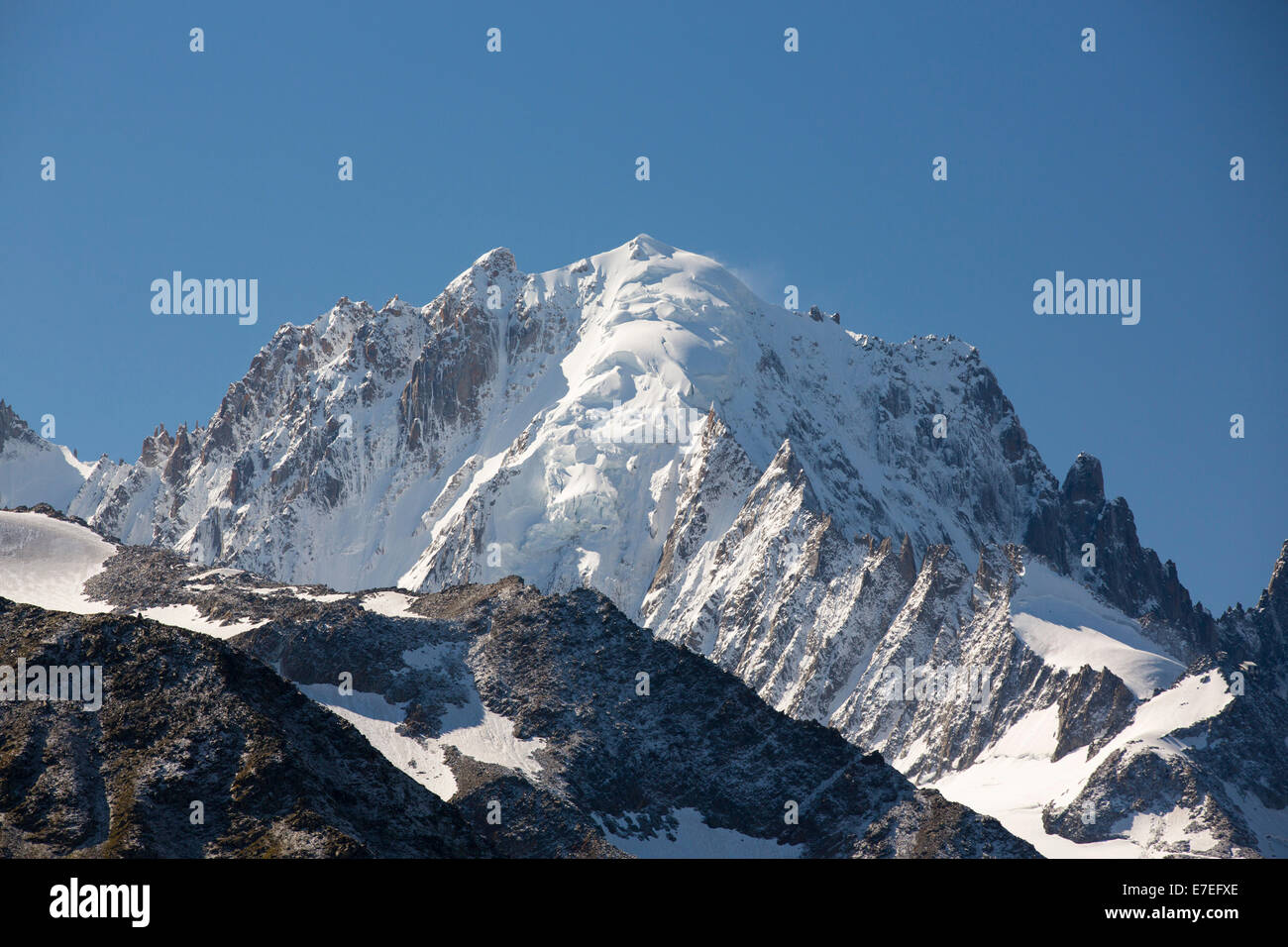 Aiguille Verte und Les Drus in der Mont-Blanc-massiv über Chamonix, Französische Alpen. Stockfoto