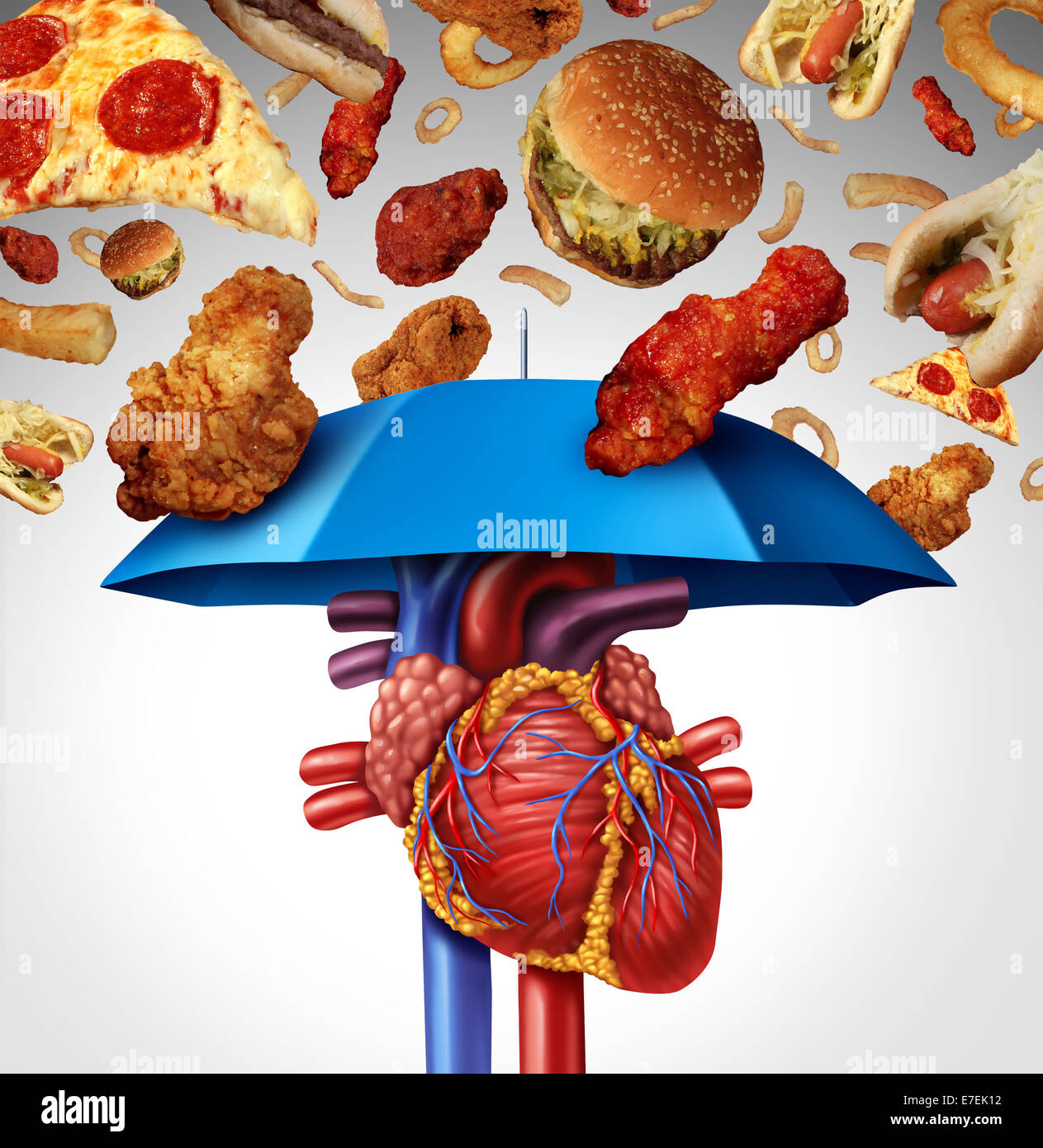 Herz Schutz medizinisches Konzept als Symbol eine verstopfte Arterie und  Atherosklerose Krankheit als eine blaue Regenschirm schützt das Herz-Kreislauf-Organ  vor ungesunde Lebensmittel, Plaque-Bildung zu stoppen zu vermeiden  Stockfotografie - Alamy