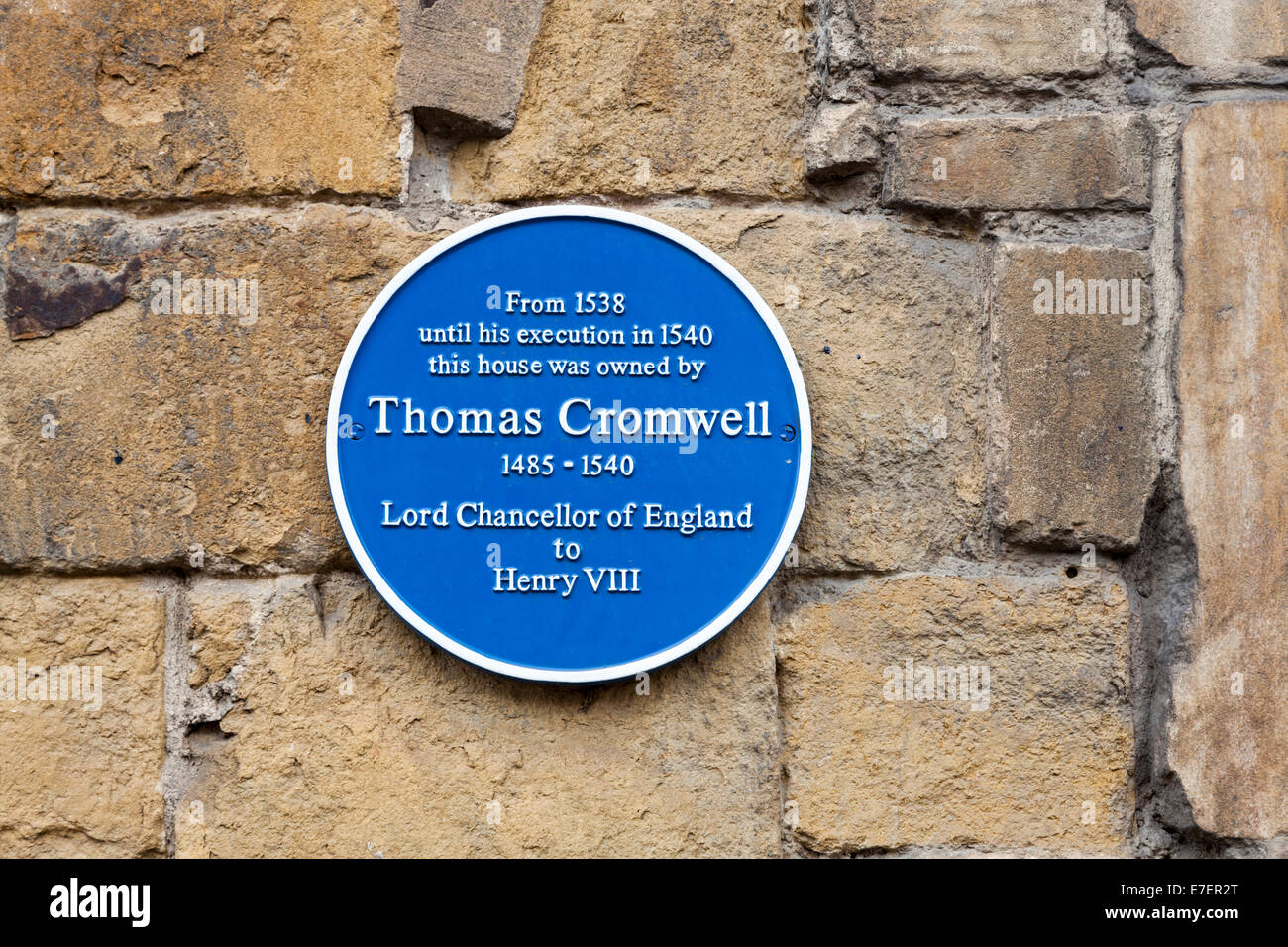 Blaue Plakette für Thomas Cromwell auf der Anne von Kleve Haus, Melton Mowbray, Leicestershire, England, UK Stockfoto