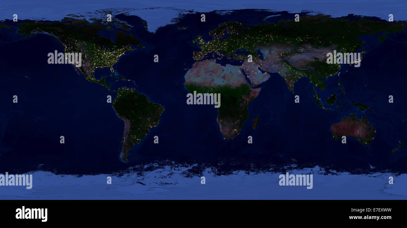Extra große Größe physische Weltkarte. Nachtansicht der Erde mit leuchtenden Lichtern der Städte. Stockfoto