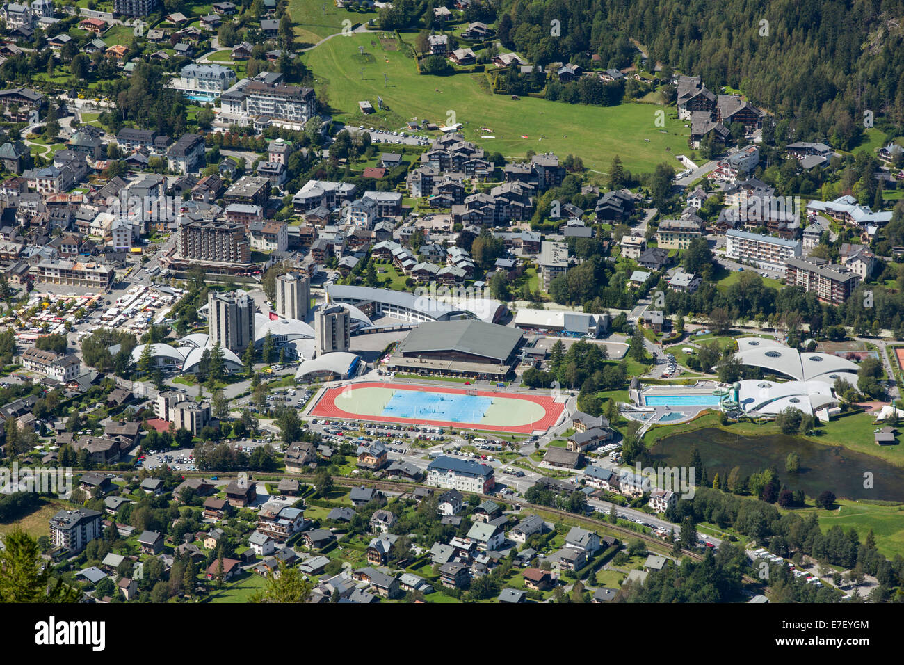 Blick hinunter auf Chamonix, Frankreich. Stockfoto