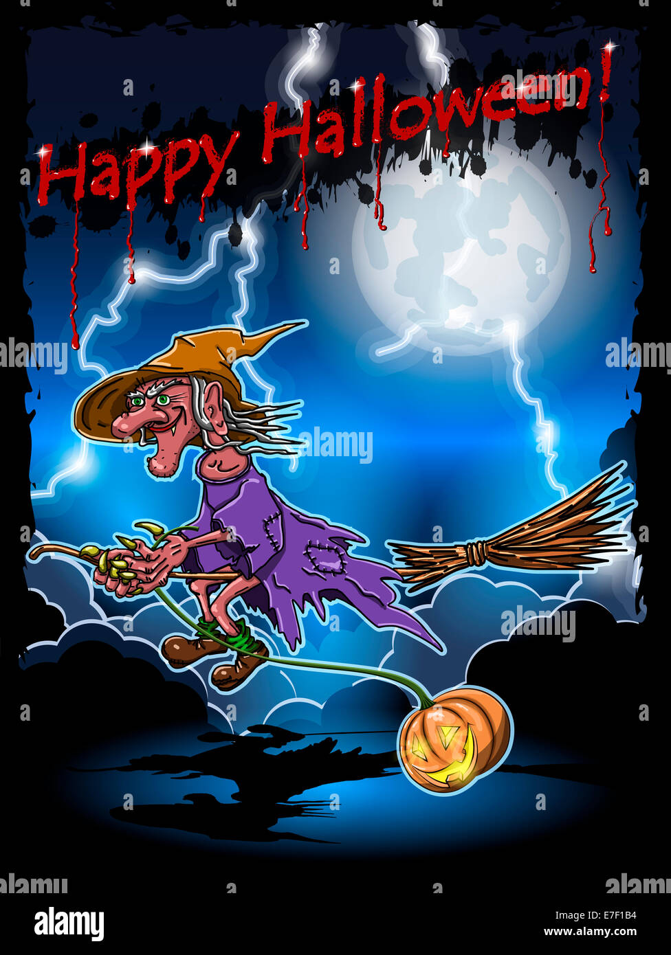 Halloween Witch Flying On Broomstick Stockfotos und
