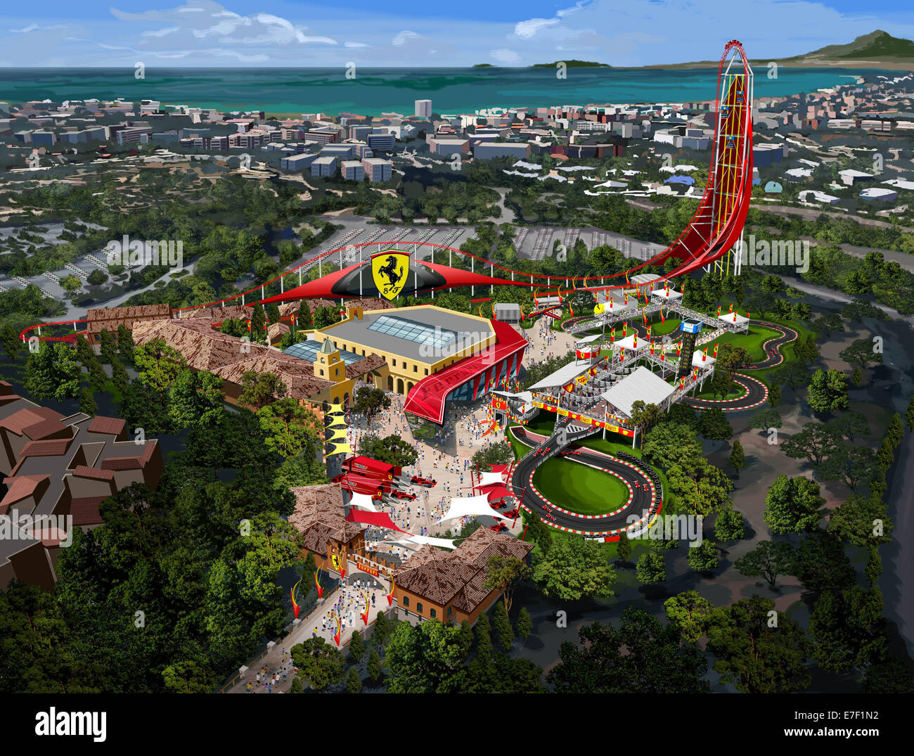 Ferrari-Land 75.000 Quadratmetern deckt und umfassen eine Vielzahl von spannenden Attraktionen Europas höchste und schnellste vertikale Beschleuniger. Der Themenpark wird im PortAventura Resort außerhalb von Barcelona in Spanien gebaut werden. Der erste Ferrari-Themenhotel ist auch gebaut werden und werden ein Luxus fünf-Sterne-Hotel mit 250 Zimmern, Restaurants und einem Fahrsimulator.  Mitwirkende: Atmosphäre wo: Barcelona, Spanien bei: 14. März 2014 Stockfoto