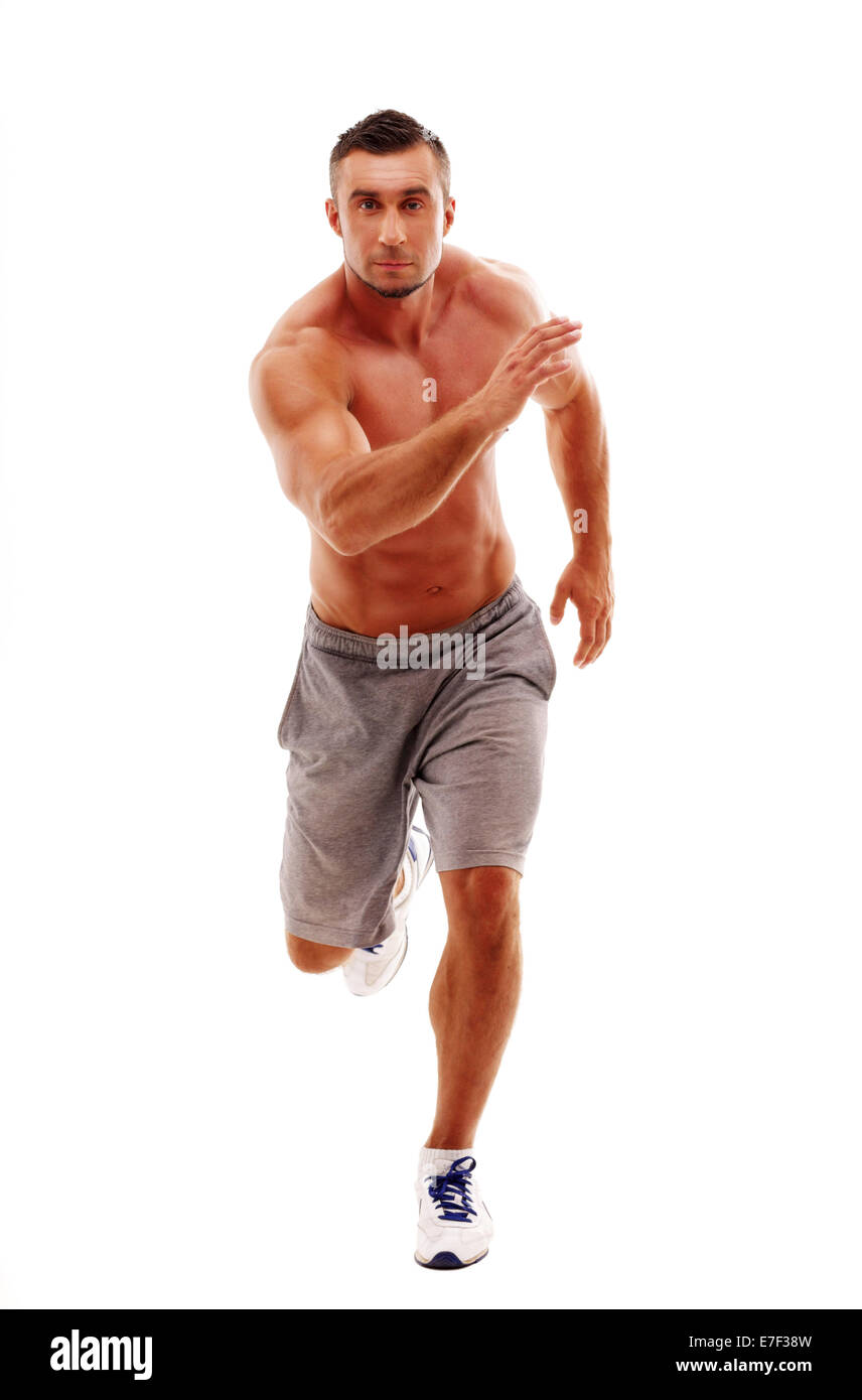 Voller Länge Porträt des jungen Mannes Athleten laufenden Übung Stockfoto