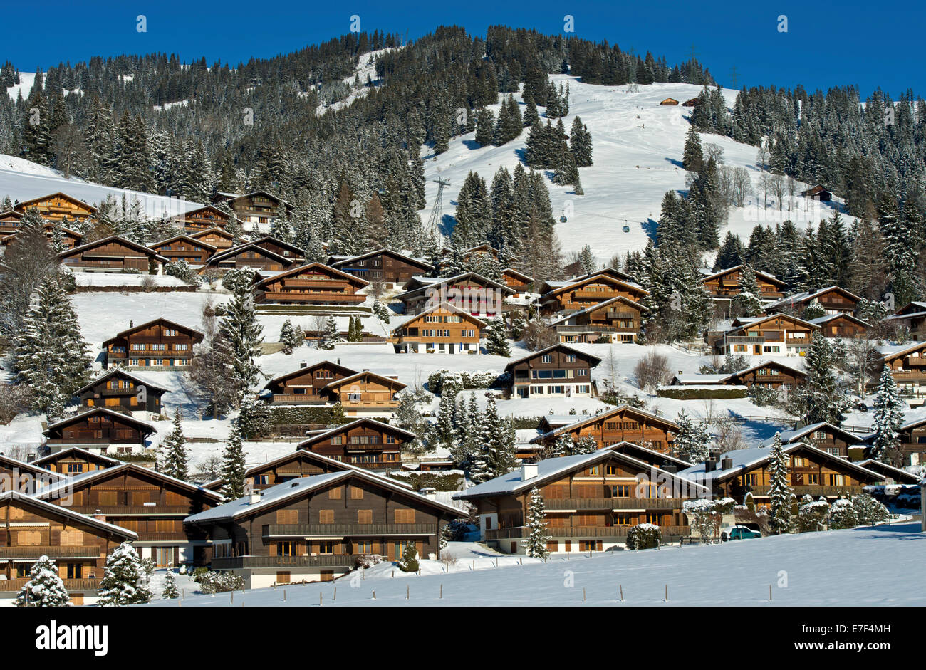 Schweizer Chalets in einer Winterlandschaft im Saanenland, Schönried, Kanton Bern, Schweiz Stockfoto