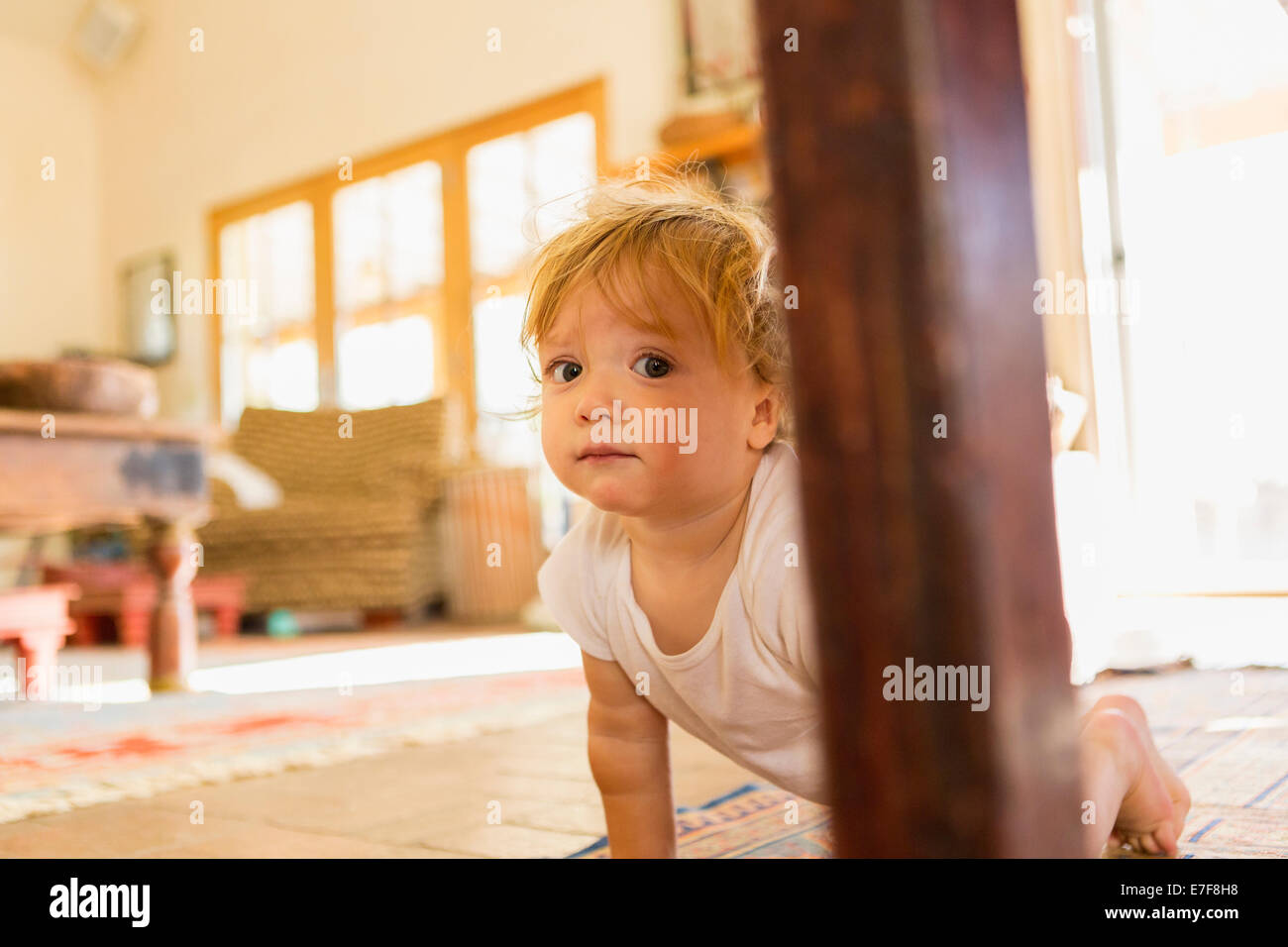 Kaukasische Kleinkind kriecht auf dem Boden des Wohnzimmers Stockfoto