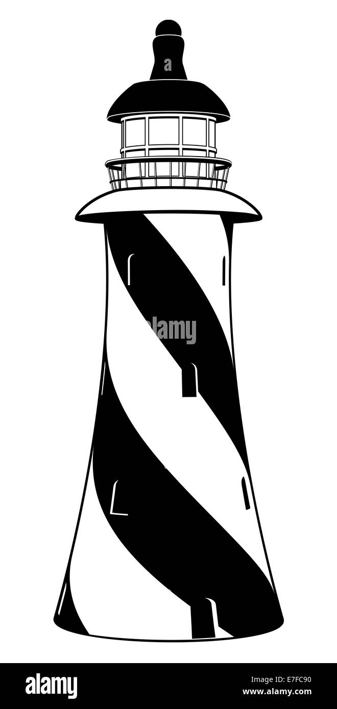 Eine stilisierte schwarze und weiße Leuchtturm Illustration mit diagonalen Streifen Stockfoto