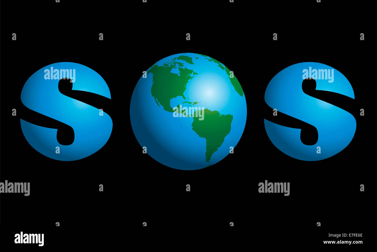 SOS Planet Erde in der Mitte als Symbol für globale Probleme wie die Umwelt-, Menschheit, politische oder kosmische Probleme. Stockfoto