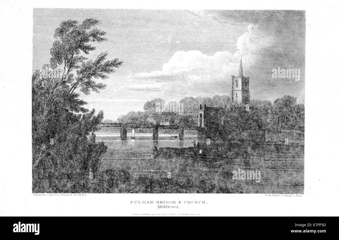 Illustration der Fulham Bridge and Church, Middlesex, aus Brayleys Manuskript von 1820, S. 5.023. Stockfoto