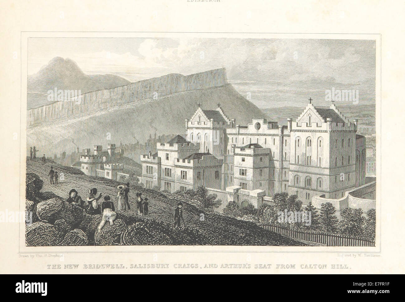 Illustration von Thomas Hosmer Shepherd aus dem Jahr 1829, die einen Blick auf das neue Bridewell, die Salisbury Crags und Arthur's Seat zeigt, vom Calton Hill aus gesehen, und die berühmte Landschaft von Edinburgh einfängt. Stockfoto