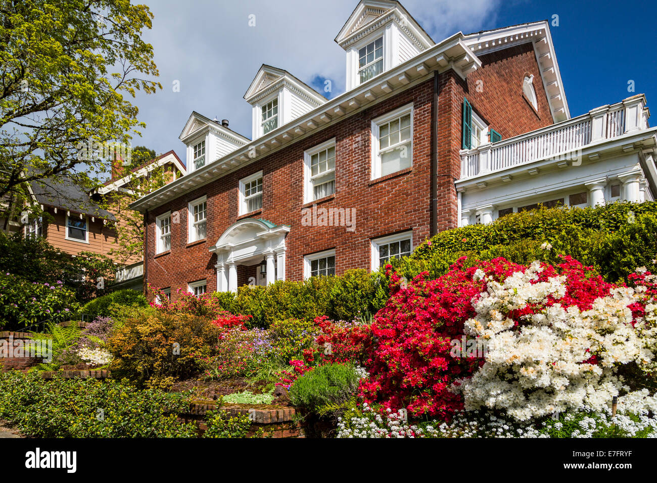 Ein Haus mit dekorativer Blume Federbuchsen in Portland, Oregon, USA. Stockfoto