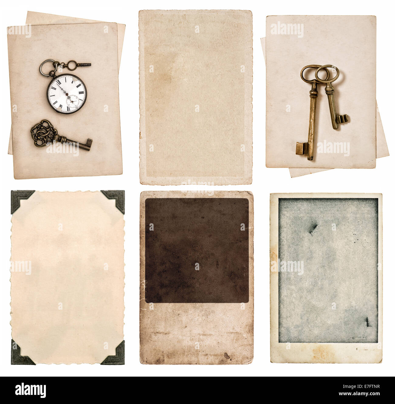 Vintage Foto-Karten und alten Papierbögen isoliert auf weißem Hintergrund Stockfoto