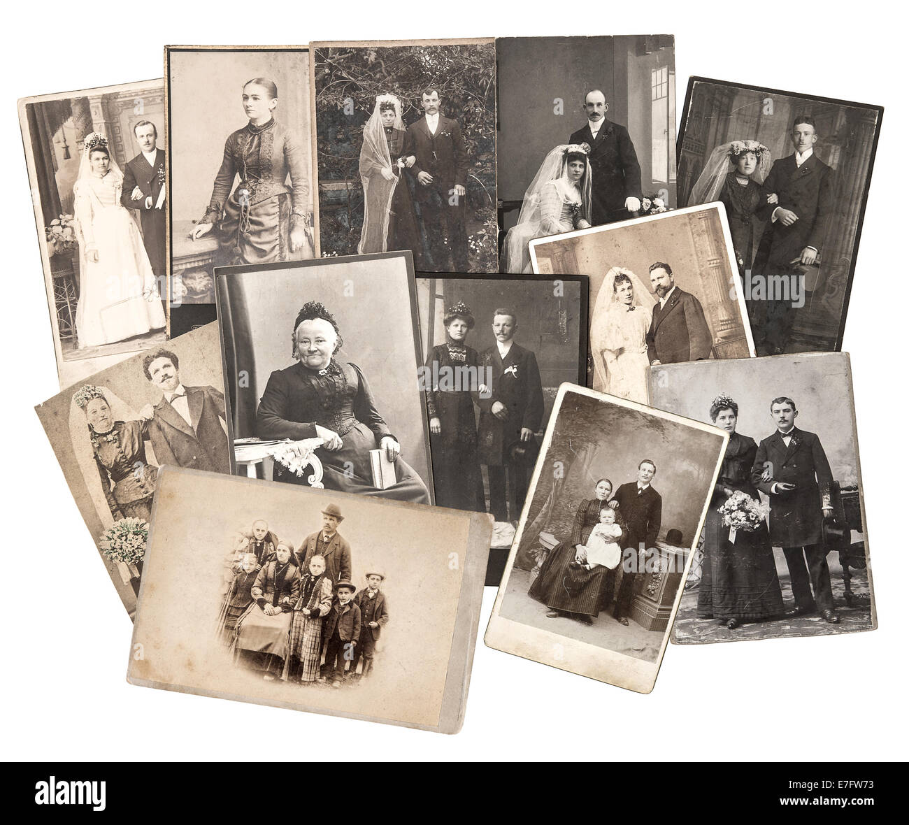 Gruppe von Vintage und Hochzeitsfotos um 1885-1900. nostalgische sentimental Bilder-Collage auf weißem Hintergrund. Original Stockfoto