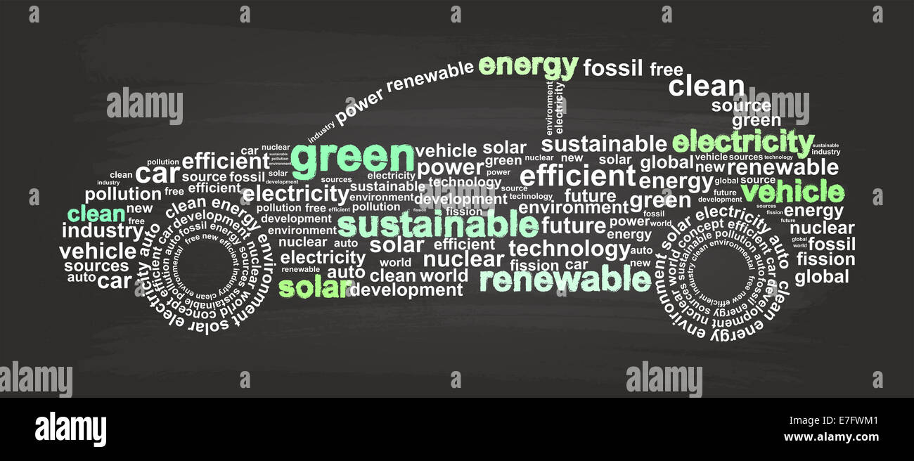 Saubere Energie Auto Word Cloud Skizze auf Blackboard Stockfoto