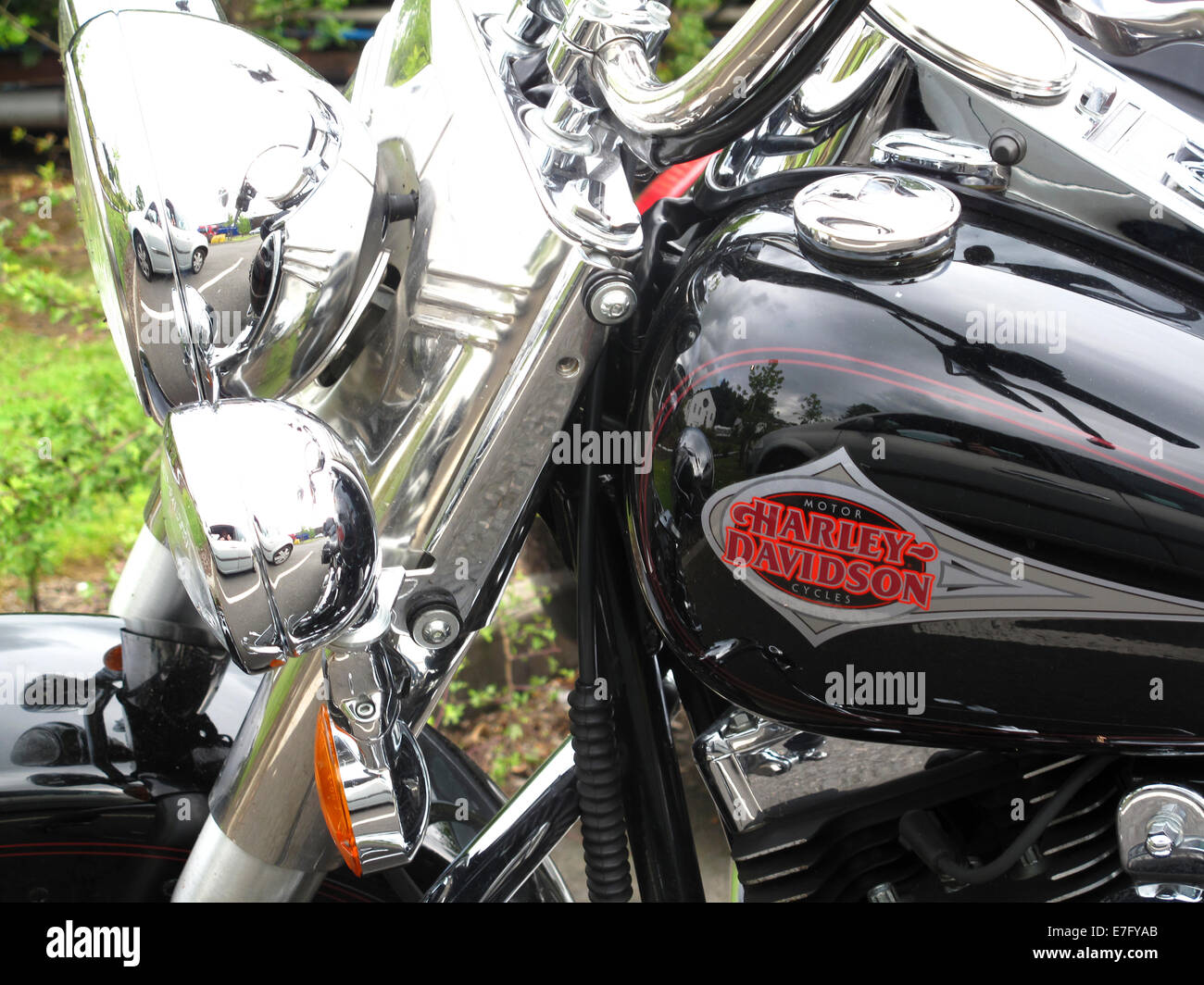 Chrom Detaillierung auf Harley Davidson Motorrad Stockfoto