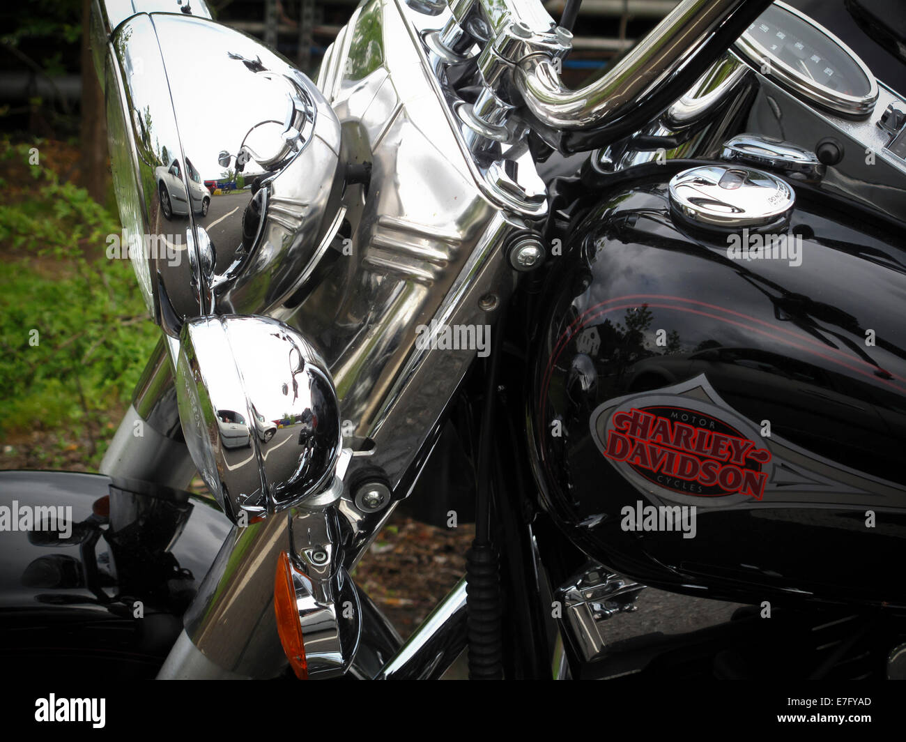 Chrom Detaillierung auf Harley Davidson Motorrad Stockfoto