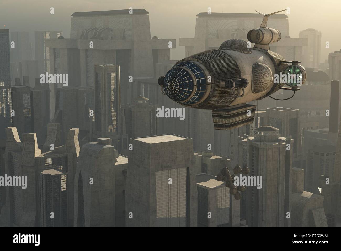 Fantasy-Steampunk Luftschiff über weitläufige Stadt Stockfoto