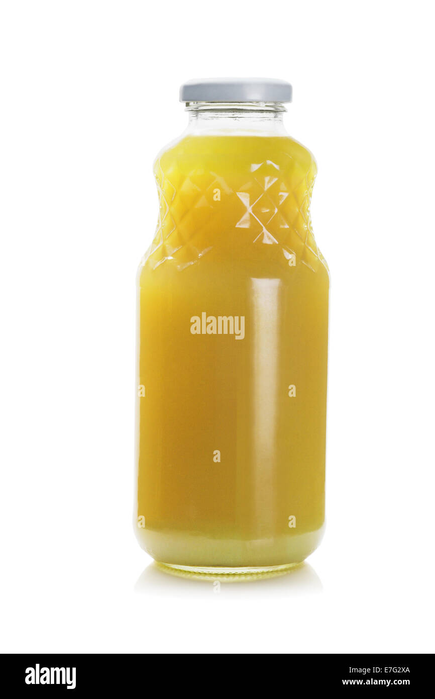 Flasche reiner Zitronensaft auf weißem Hintergrund Stockfoto