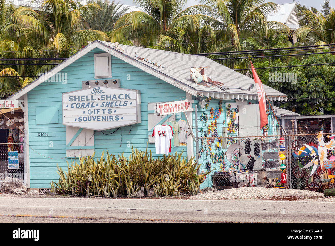 Bunte und malerische, Shell Shack Muscheln und Geschenkeladen auf dem Overseas Highway (US 1) in Islamorada, historischen Florida Keys, USA. Stockfoto
