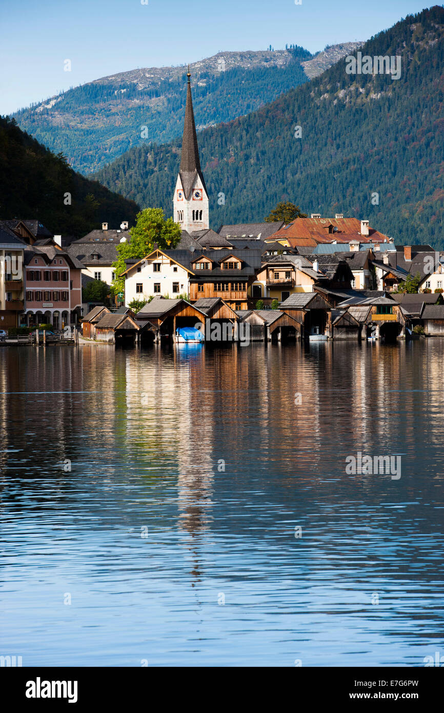 Stadt anzeigen, Hallstatt am Hallstättersee, UNESCO-Weltkulturerbe, Salzkammergut, Alpen, Oberösterreich, Österreich Stockfoto