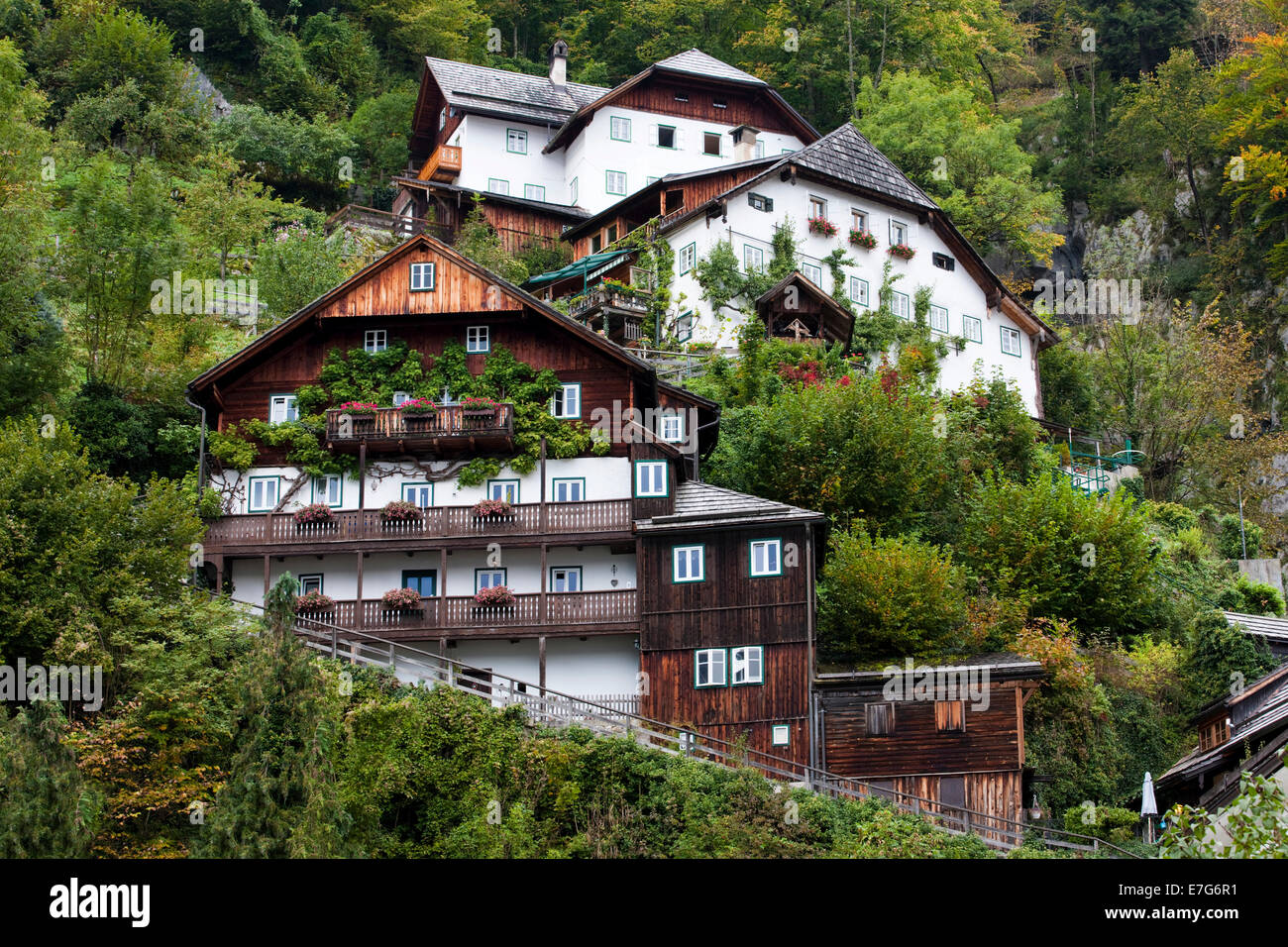 Stadt anzeigen, Hallstatt, Weltkulturerbe, Salzkammergut, Alpen, Oberösterreich, Österreich Stockfoto