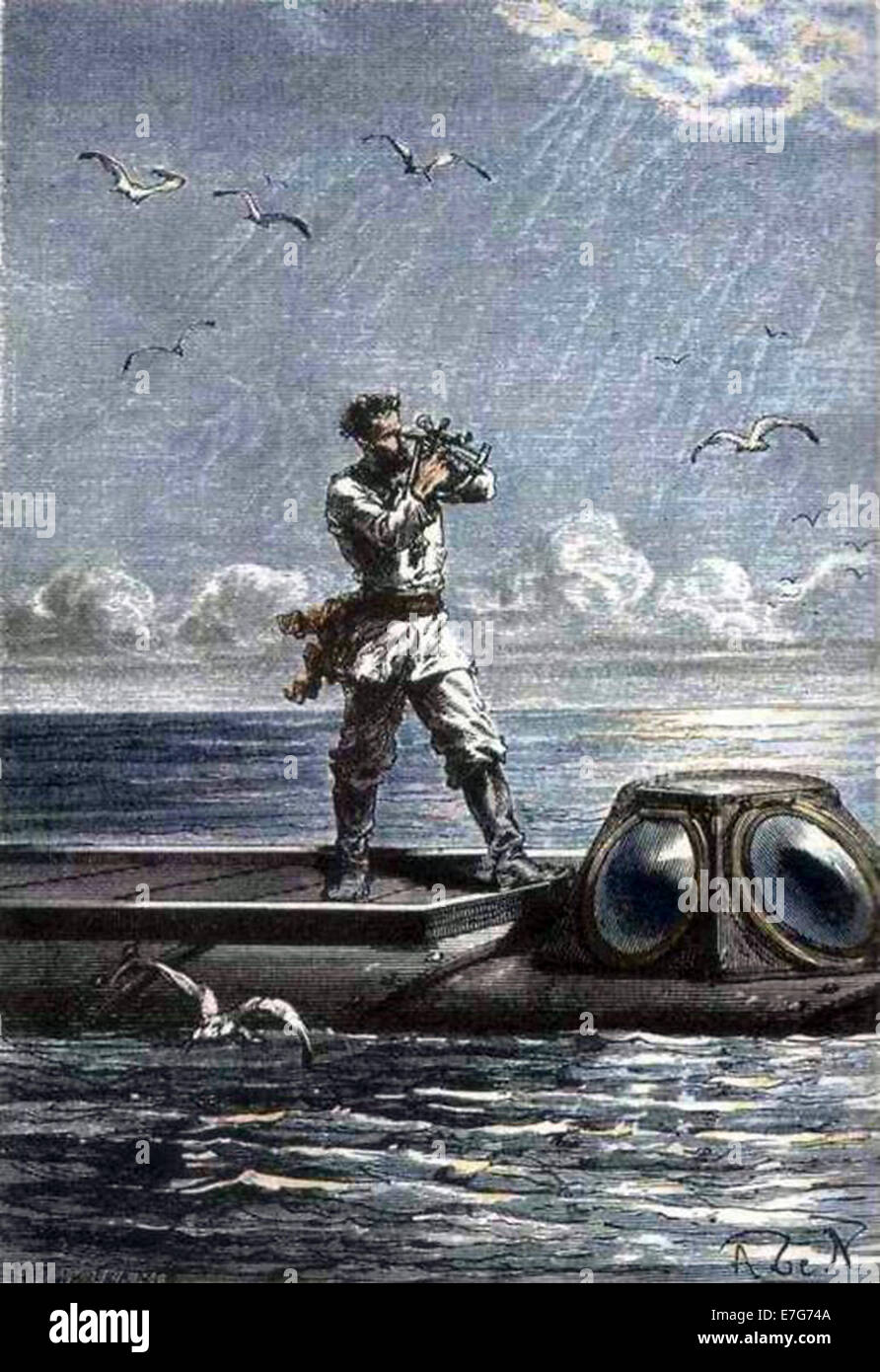 Eine Illustration von Jules Vernes Roman "20.000 Ligen unter dem Meer". Nemo unter Berücksichtigung Beobachtungen auf der Nautilus Stockfoto