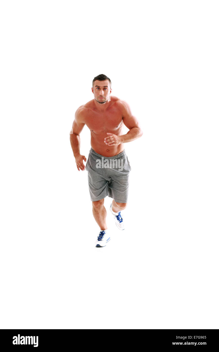 In voller Länge Portrait von muskulösen Mann läuft auf einem weißen Hintergrund isoliert Stockfoto