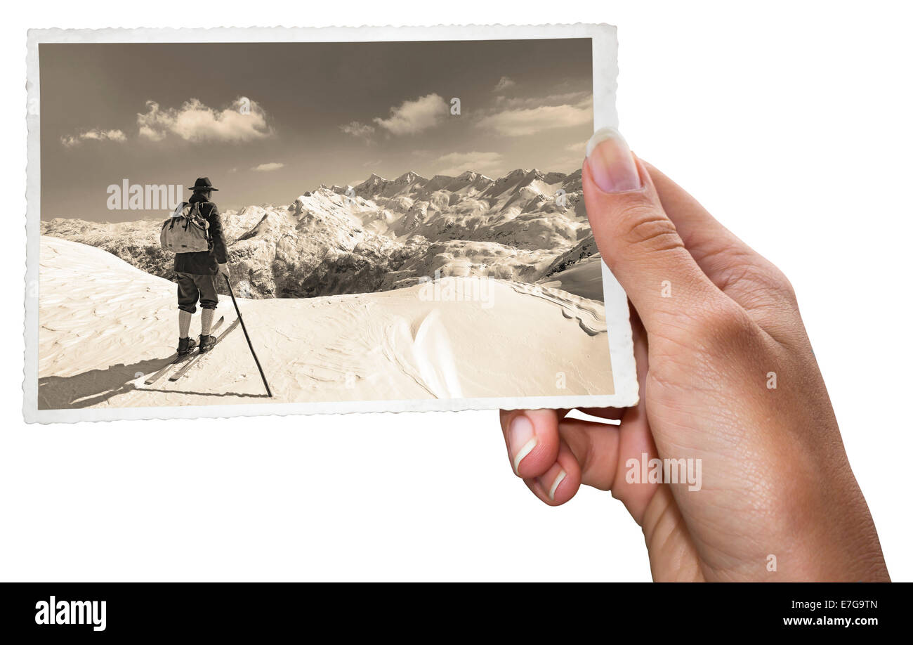 Alte Fotos von Skifahrer Stockfoto