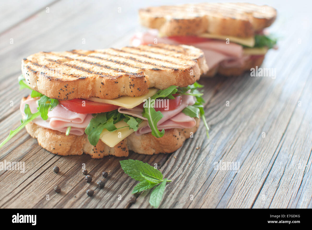 Gegrillte Deli Sandwiches mit Schinken und Käse Stockfoto