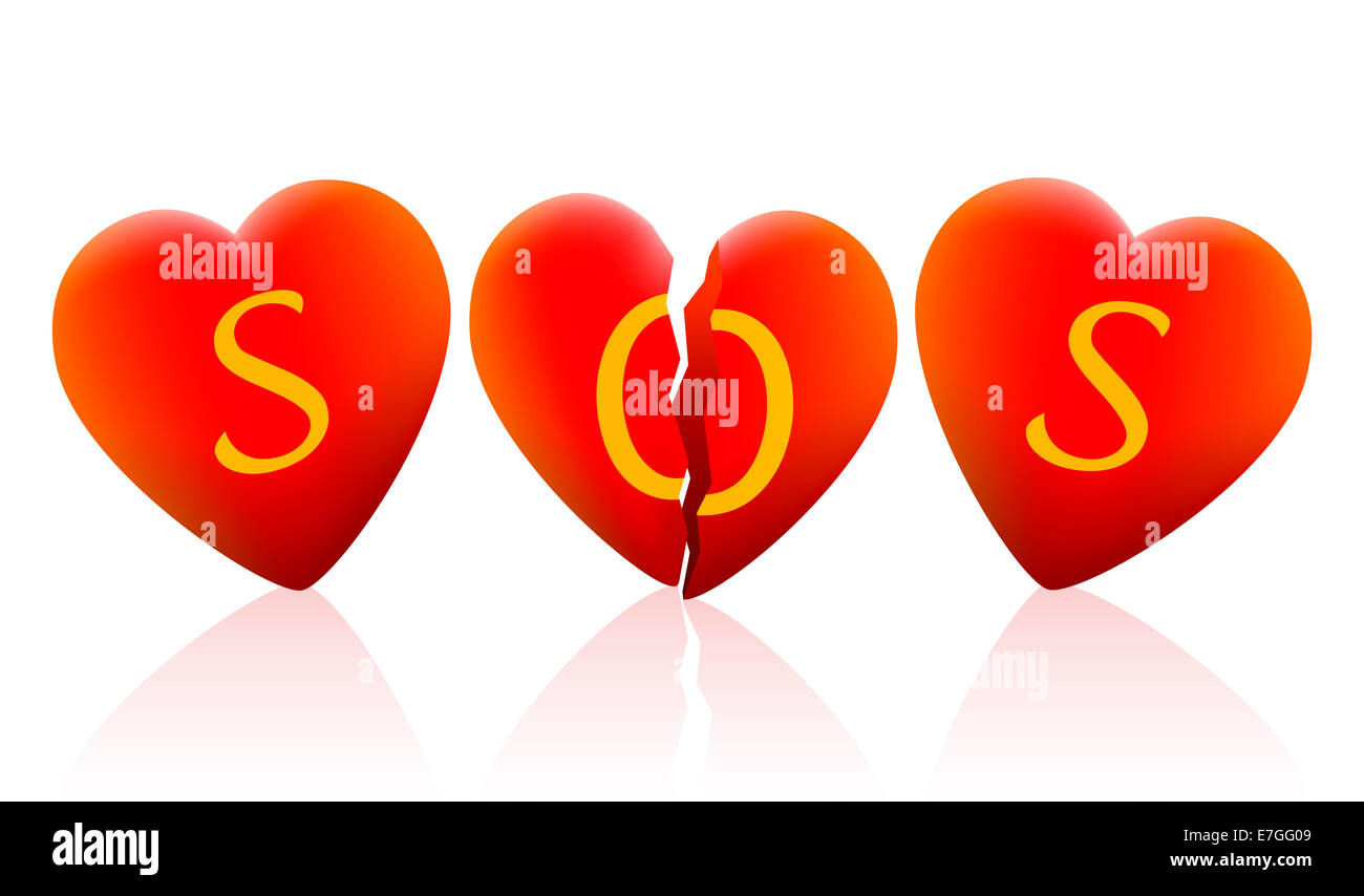 Drei Herzen, die SOS sagen, ist das Herz in der Mitte gebrochen. Stockfoto
