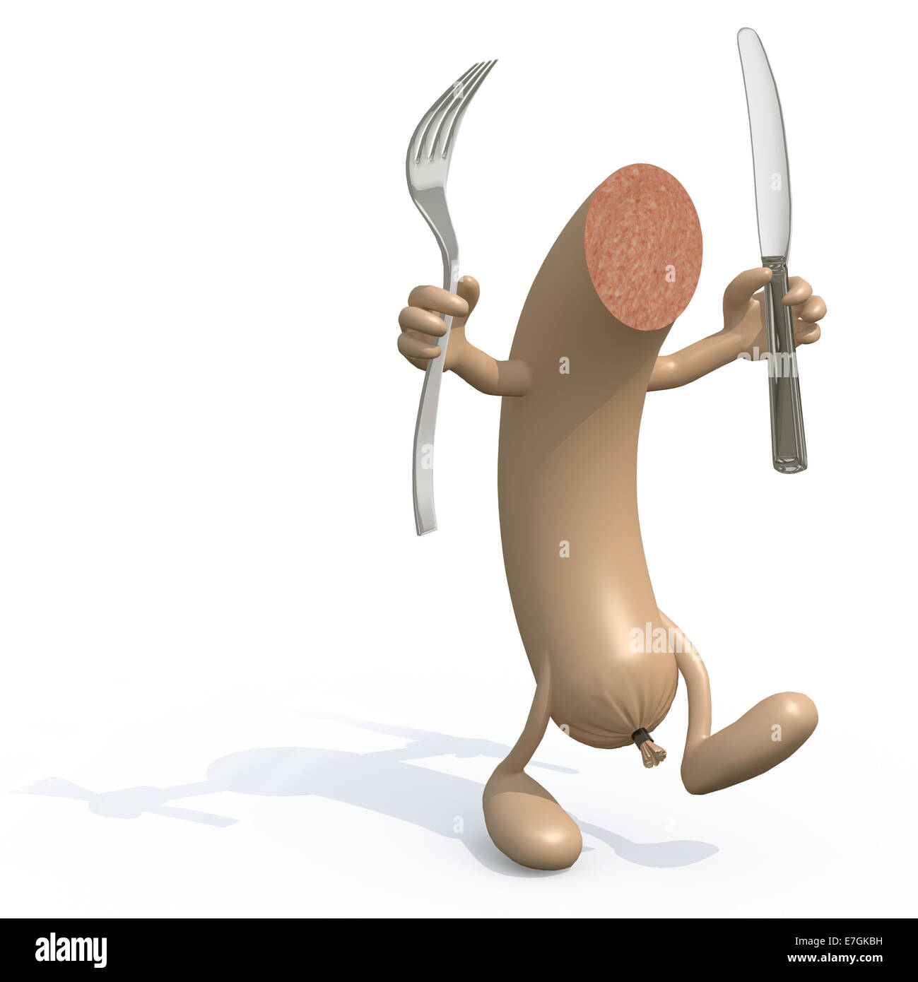 Cartoon-Wurst mit Armen, Beinen Gabel und Messer auf Händen, 3d illustration Stockfoto