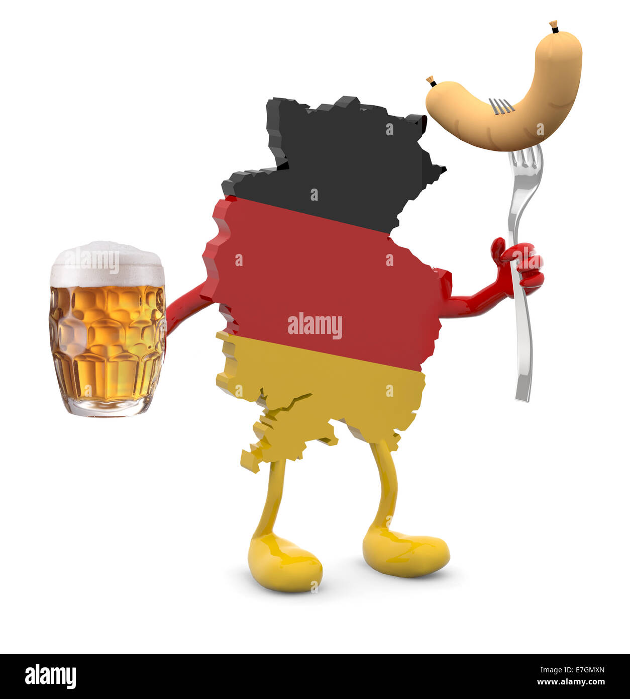 Deutschland Karte mit Armen, Beinen, Glas Becher Bier und Würstel auf Händen, 3d illustration Stockfoto