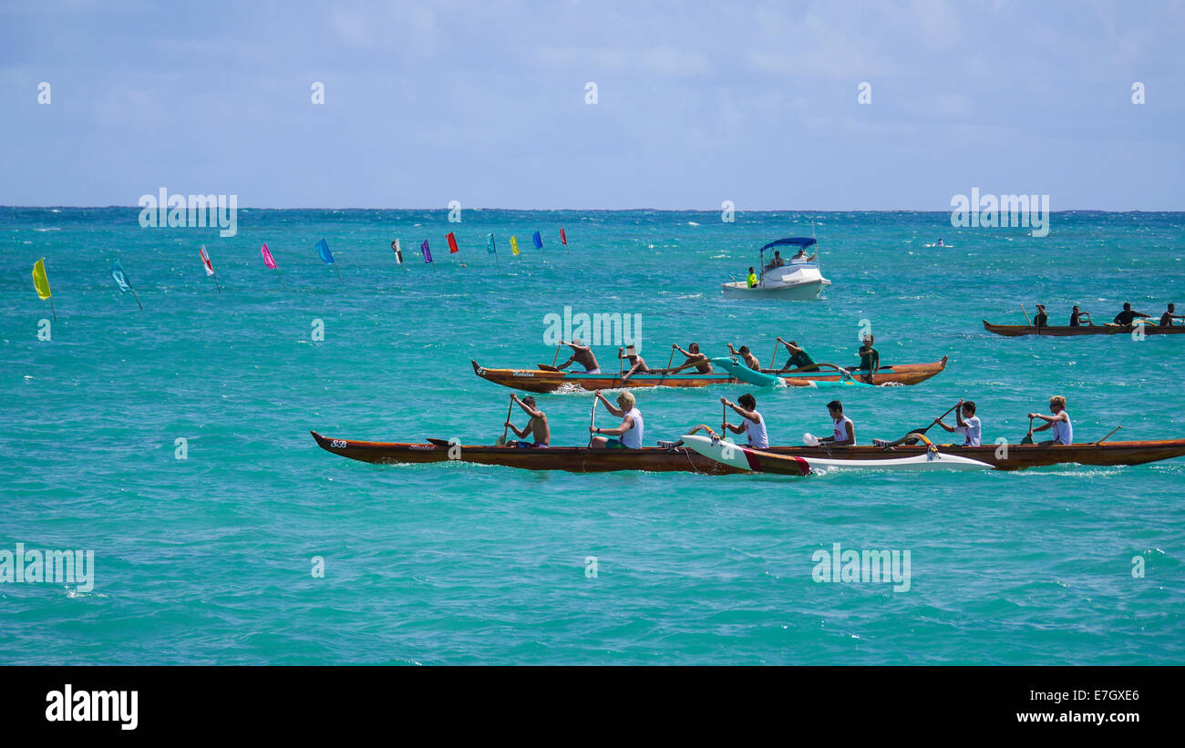 Ausleger-Kanu, Rennen, Kailua Beach, Oahu, Hawaii Stockfoto