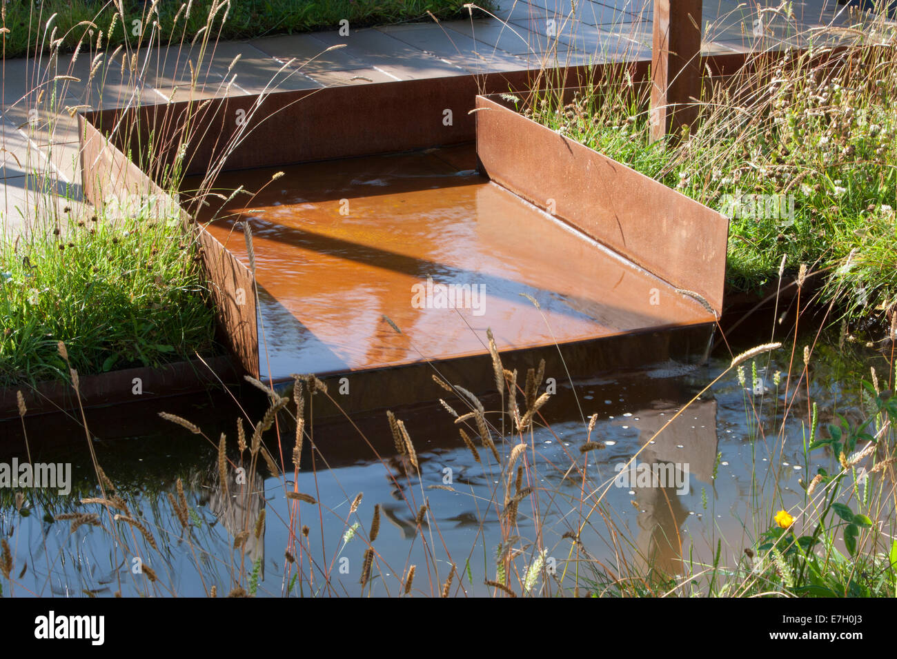 Wildtierfreundlicher Garten mit Rillenwasser aus rostem Kornstahl in einem kleinen Teich und Pflanzen von Ziergräsern in Großbritannien Stockfoto