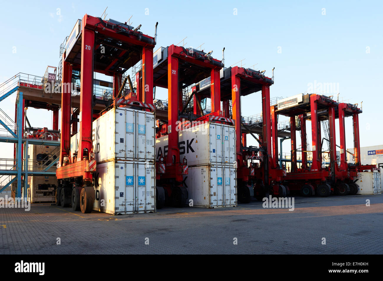 Container und Straddle Carrier am APM Terminal, Aarhus (Dänemark) Stockfoto
