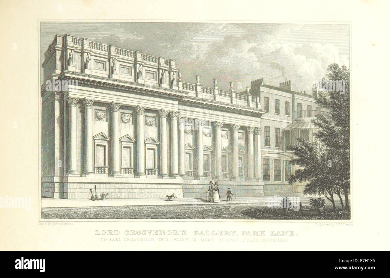 Illustration aus „Metropolitan Improvement“ (1828) von Shepherd, die Lord Grosvenor's Gallery in Park Lane, London, zeigt, welche architektonischen Merkmale und ihre Bedeutung für die städtische Entwicklung des Gebiets haben. Stockfoto