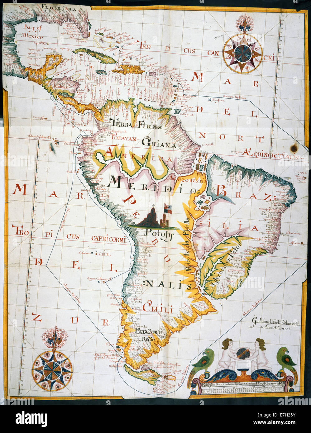 Karte von Westindien und Südamerika - Journal ein South Sea Voyage (1683), f. 2 - BL Sloane MS 46 B Stockfoto