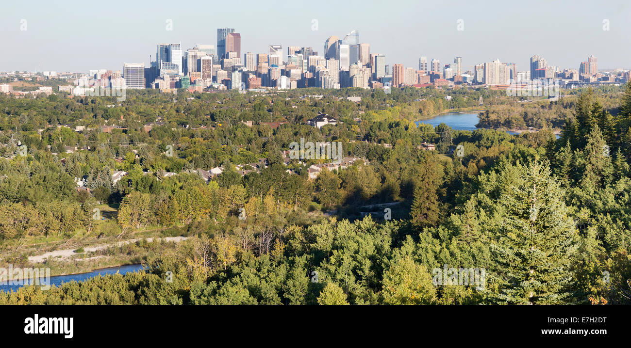 Skyline von Calgary aus dem Westen mit Grünflächen entlang Das Bow River Valley im Vordergrund Stockfoto