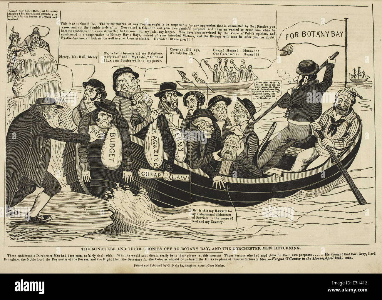 Politischer Cartoon aus Grant's Political Drama (1834–1835), in dem die Minister und ihre Mitarbeiter nach Botany Bay fahren, während die Dorchester-Männer zurückkehren. Stockfoto