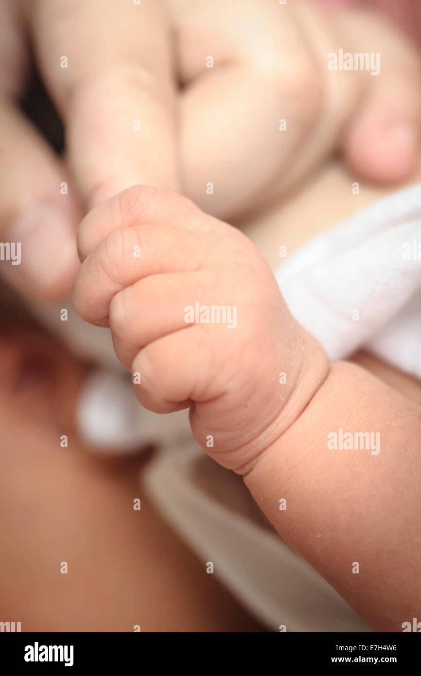 Neugeborenes Baby hält es für eine Mutter Finger. Stockfoto