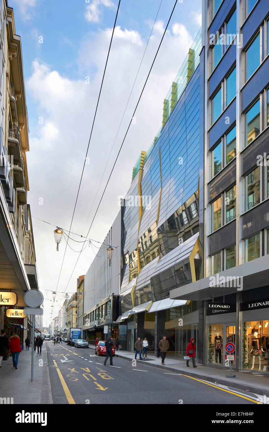 42 rue du Rhône in Genf, Schweiz. Architekt: Sheppard Robson, 2012. Stockfoto