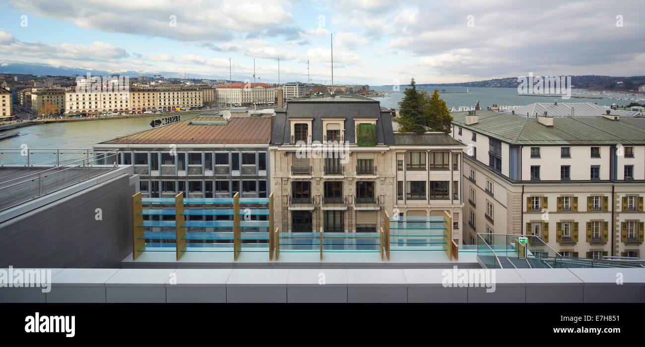 42 rue du Rhône in Genf, Schweiz. Architekt: Sheppard Robson, 2012. Stockfoto
